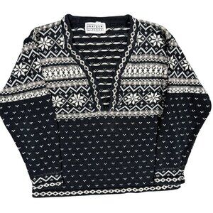 Vintage Jantzen Petite Fair Isle Knit Sweater V-Neck Black/White Small